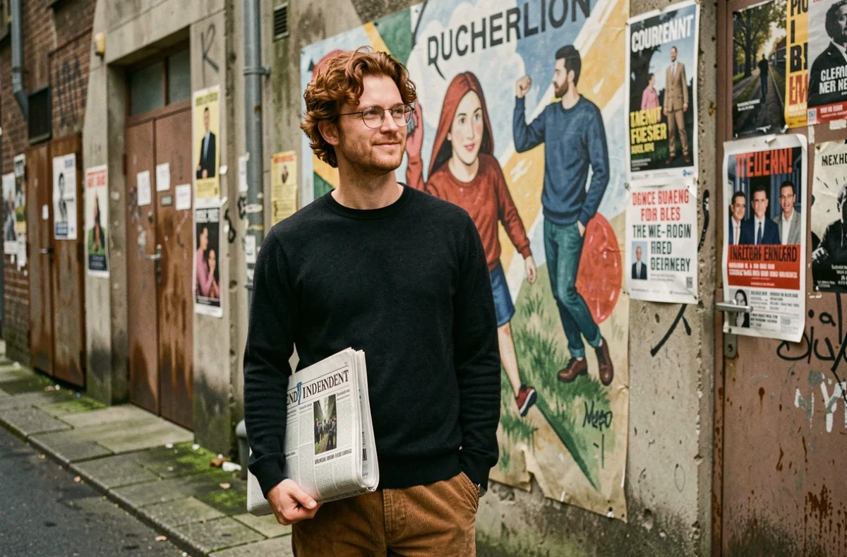 Homme tenant un journal indépendant devant une fresque murale engagée dans une ruelle urbaine, symbole de la presse alternative et de la culture militante