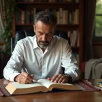 Homme d'âge moyen lisant le Quran dans un bureau chaleureux