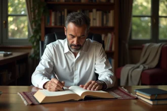 Homme d'âge moyen lisant le Quran dans un bureau chaleureux