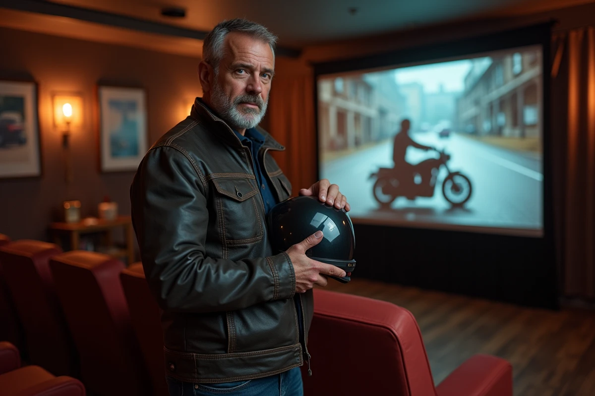 Homme avec casque moto dans salle de cinéma à la maison