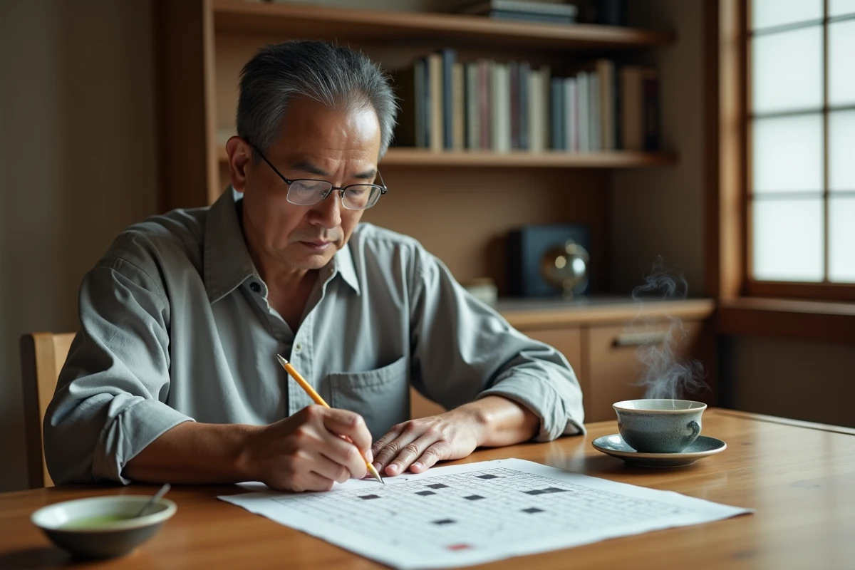 Homme japonais résolvant des mots croisés à son bureau avec grille et dictionnaires kanji