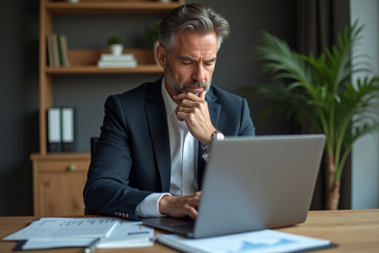 Homme d'affaires étudiant des taux hypothécaires sur son ordinateur