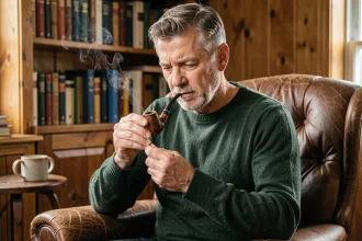 Homme mature tamponant du tabac dans une pipe en bruyère dans un bureau chaleureux en bois