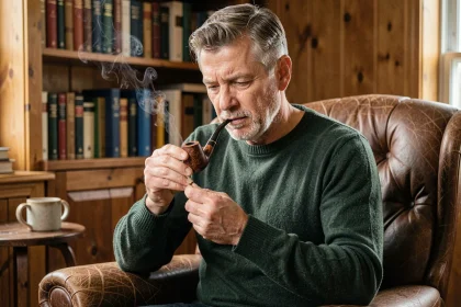 Homme mature tamponant du tabac dans une pipe en bruyère dans un bureau chaleureux en bois