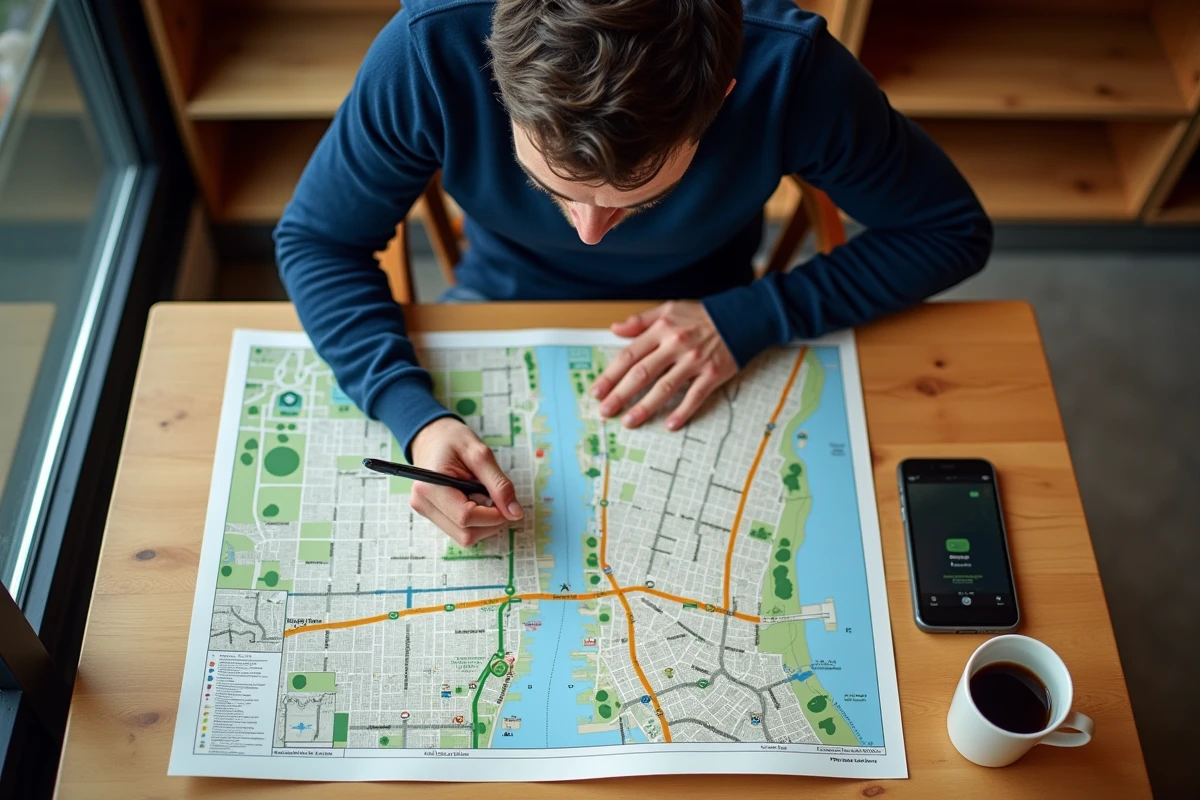 Homme étudiant le plan de zone desservie par le bus 92 dans un café avec une application de transport