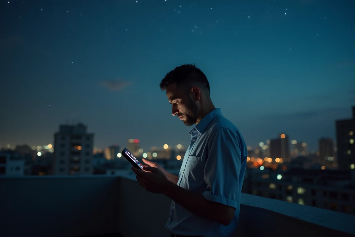 Homme regardant son téléphone sous un ciel étoile à 23h23