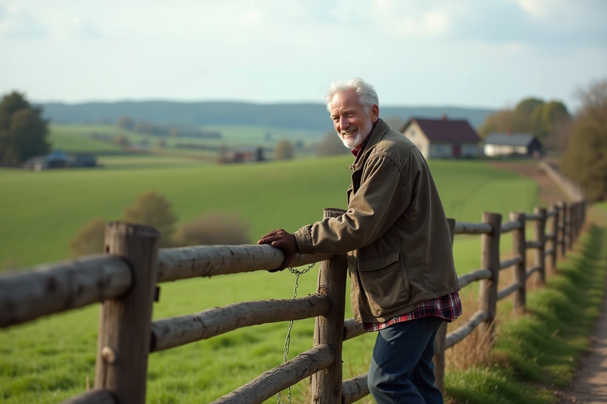Homme âgé regardant le paysage rural avec un sourire