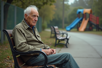 Homme age assis sur un banc dans un parc urbain en difficulté