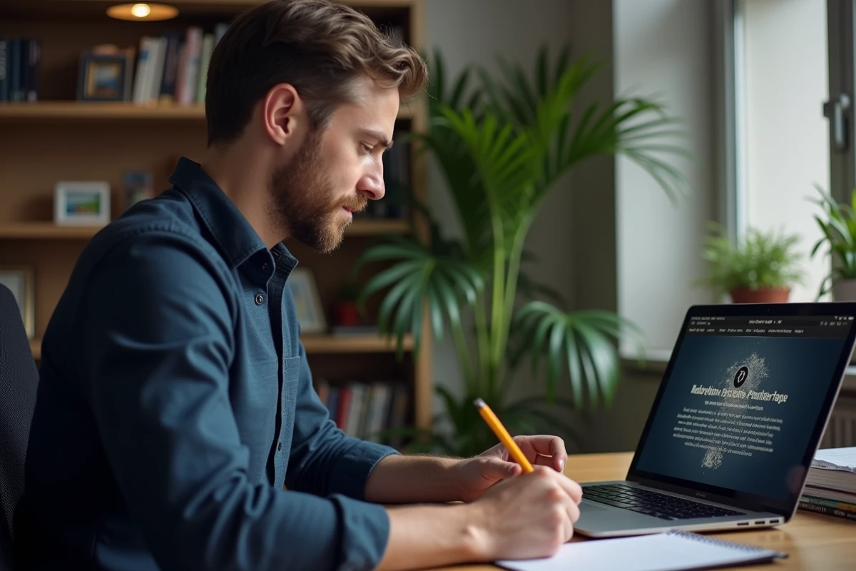 Homme prenant des notes devant une solution vidéo et texte d'escape room sur son ordinateur portable