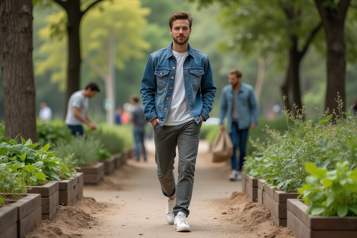 Jeune homme en mode durable dans parc urbain