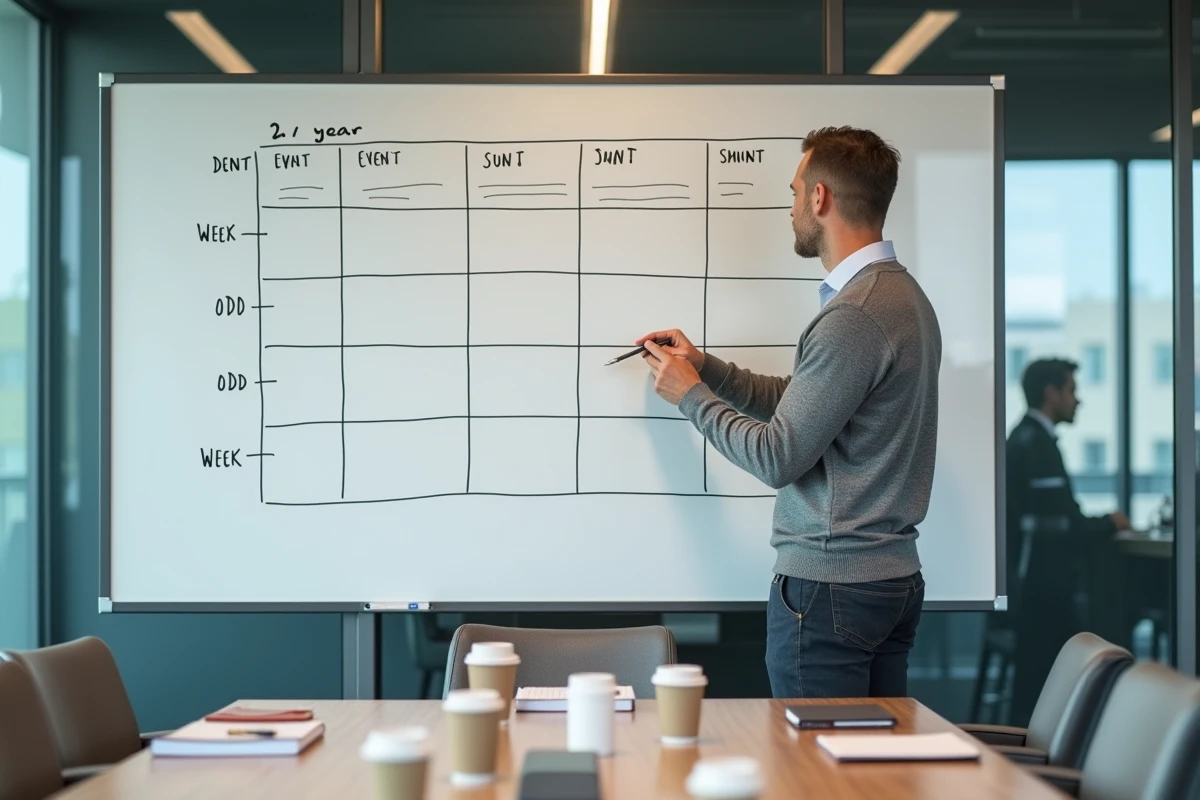 Homme annotant un planning comparatif des semaines paires sur tableau blanc en salle de réunion