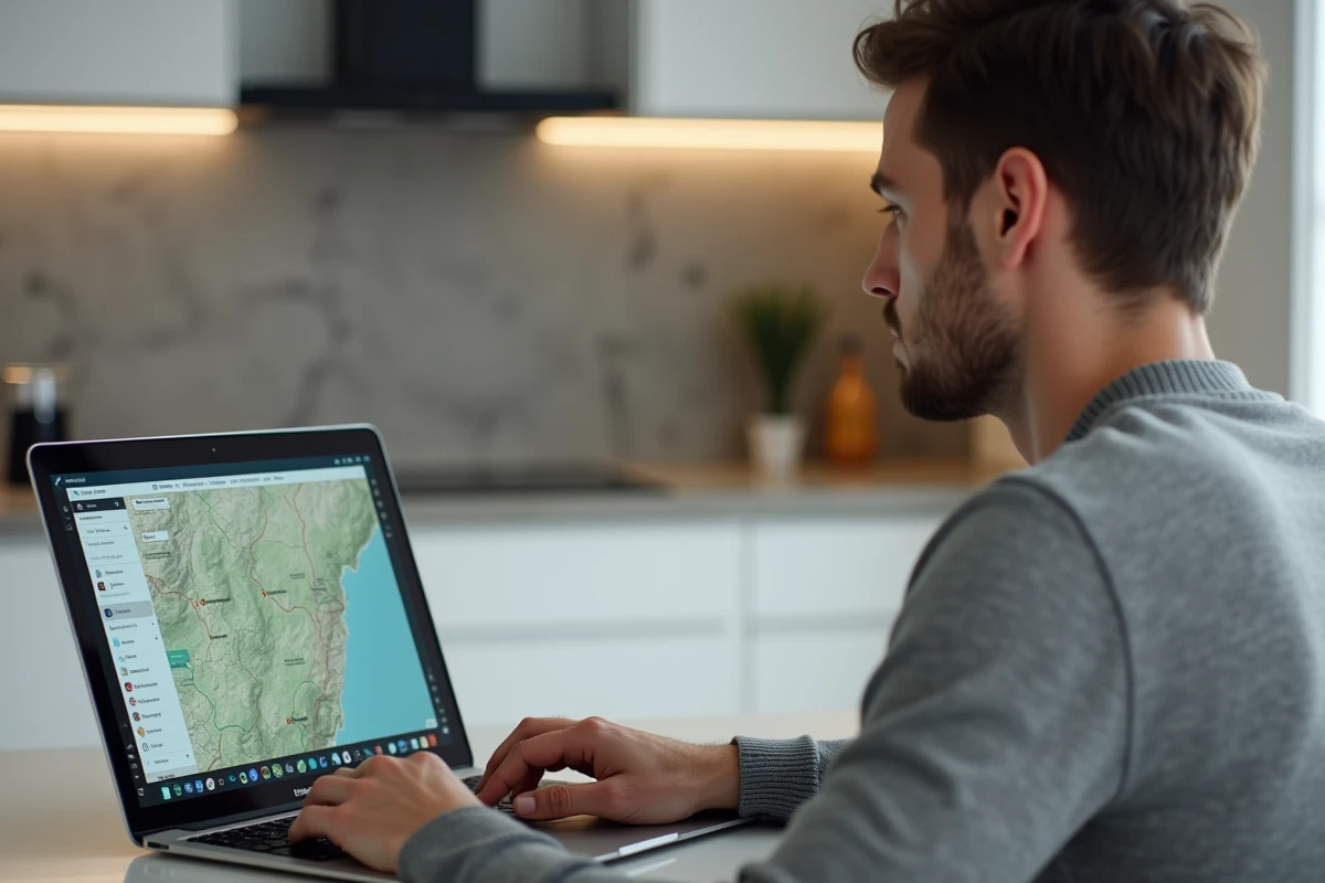 Homme utilisant le site Geoportail sur un ordinateur portable pour télécharger une carte IGN topographique