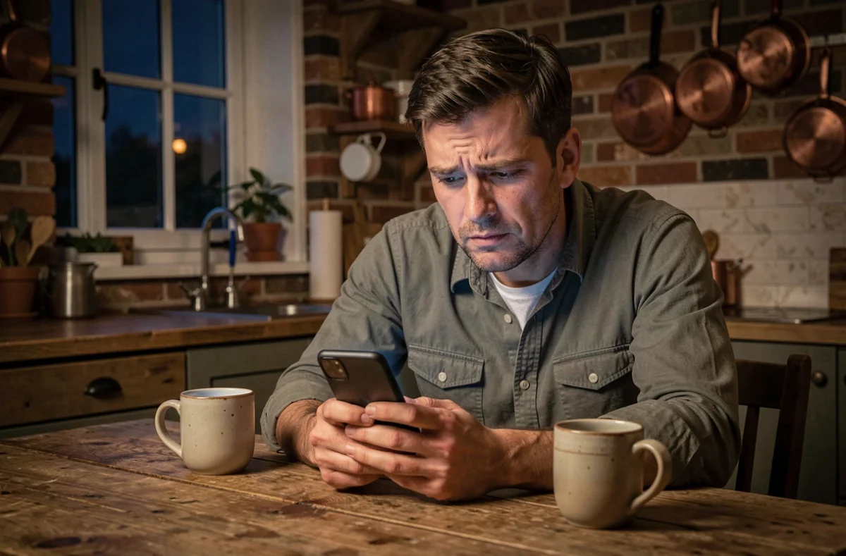 Homme seul dans une cuisine rustique le soir regardant son téléphone avec une expression hésitante, évoquant l'attente d'un signe ou d'un message lié à l'heure 21h21 et son couple