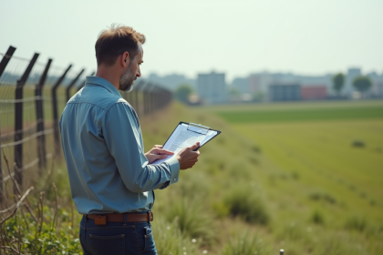 Homme d'âge moyen en extérieur avec documents et champ