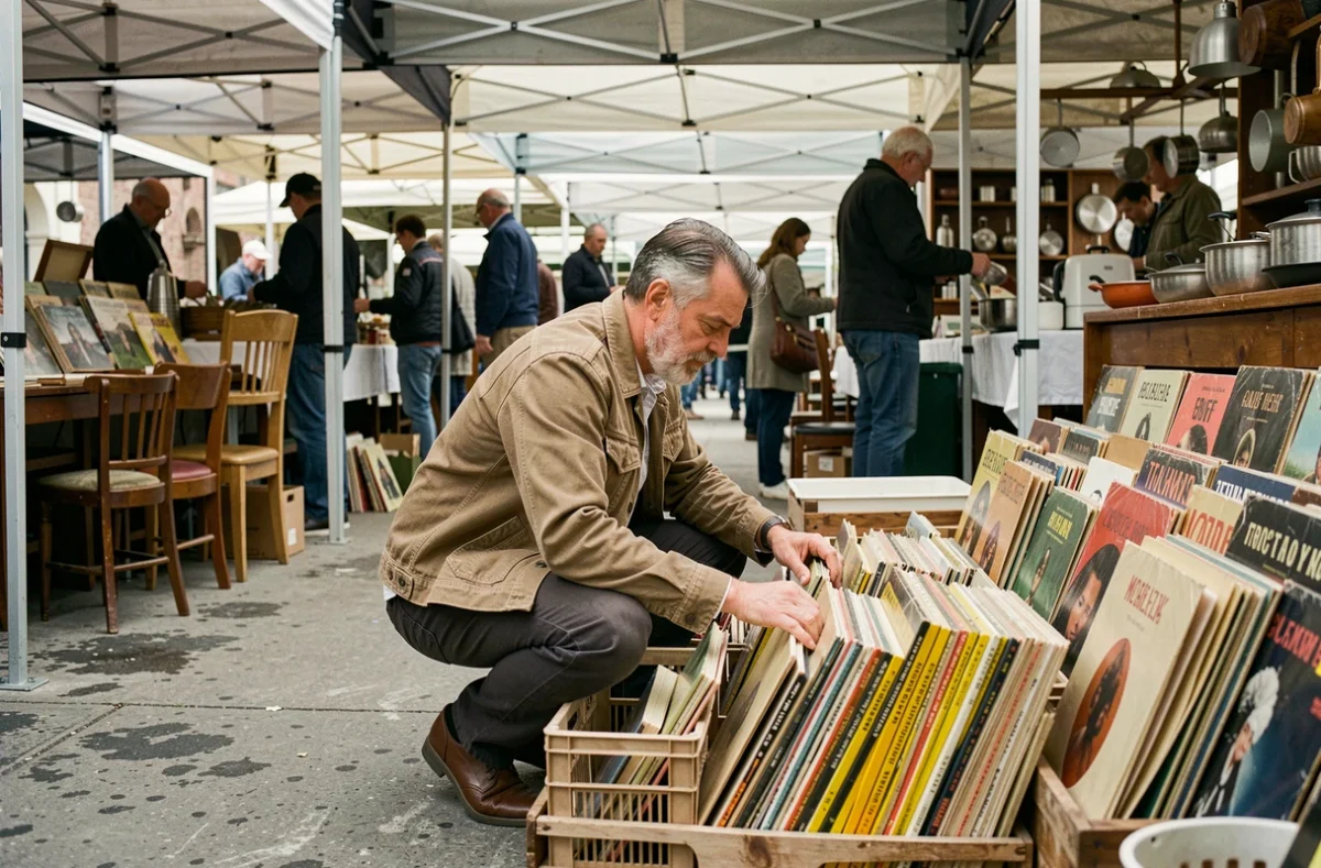 Homme parcourant des vinyles et livres anciens dans un troc et puces couvert du Morbihan
