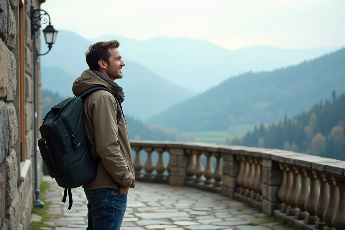Homme souriant devant un panorama de montagnes