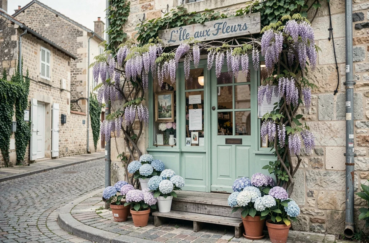 Devanture fleurie de L'Île aux Fleurs avec des hortensias et de la glycine sur un pavé de ville en Seine-et-Marne