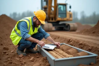 Ingénieur géotechnicien analysant des carottes de sol sur un chantier de forage avant construction