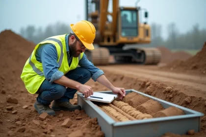 Ingénieur géotechnicien analysant des carottes de sol sur un chantier de forage avant construction