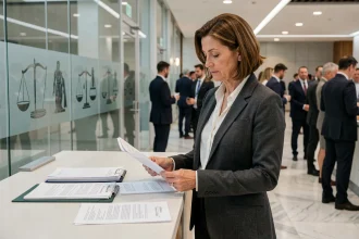 Professionnelle du droit au bureau d'inscription d'un congrès juridique international à Paris