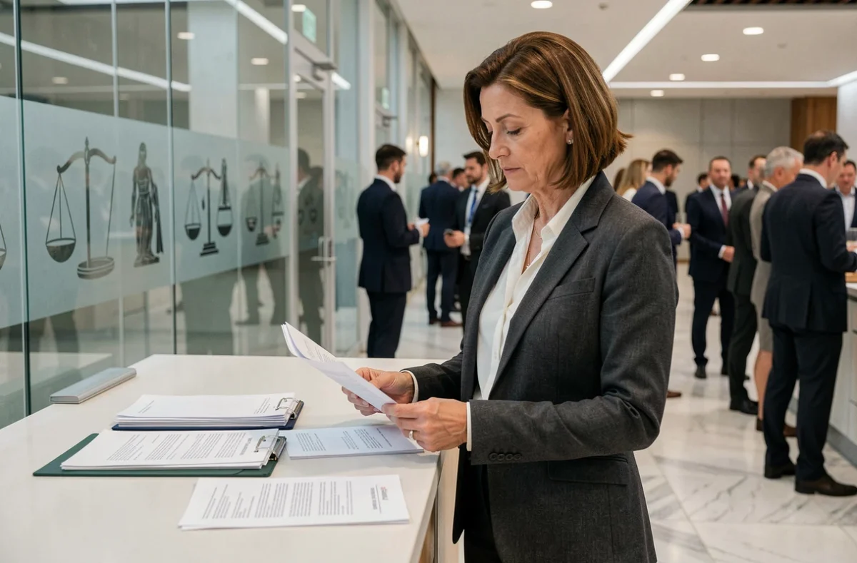 Professionnelle du droit au bureau d'inscription d'un congrès juridique international à Paris