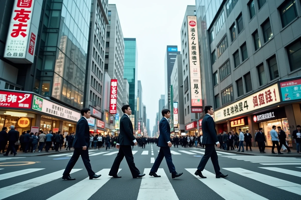 Intersection urbaine animée à Tokyo avec salariés japonais et enseignes en kanji