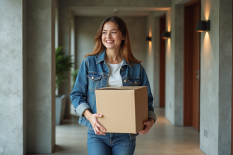 Jeune femme souriante avec carton dans un hall moderne