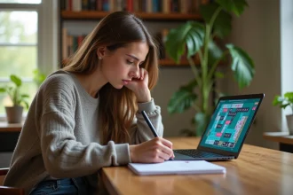 Jeune femme concentrée à étudier sur un ordinateur portable