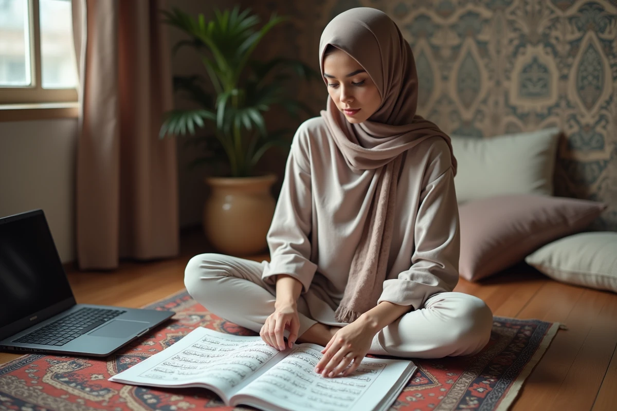 Jeune femme en hijab étudiant un chart du Quran à la maison