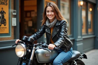 Jeune femme souriante sur moto vintage devant cinéma urbain