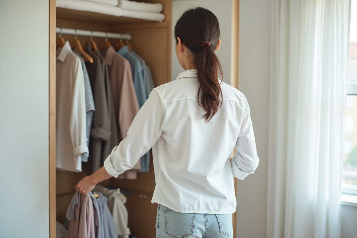 Jeune femme organisant une armoire dans une chambre moderne