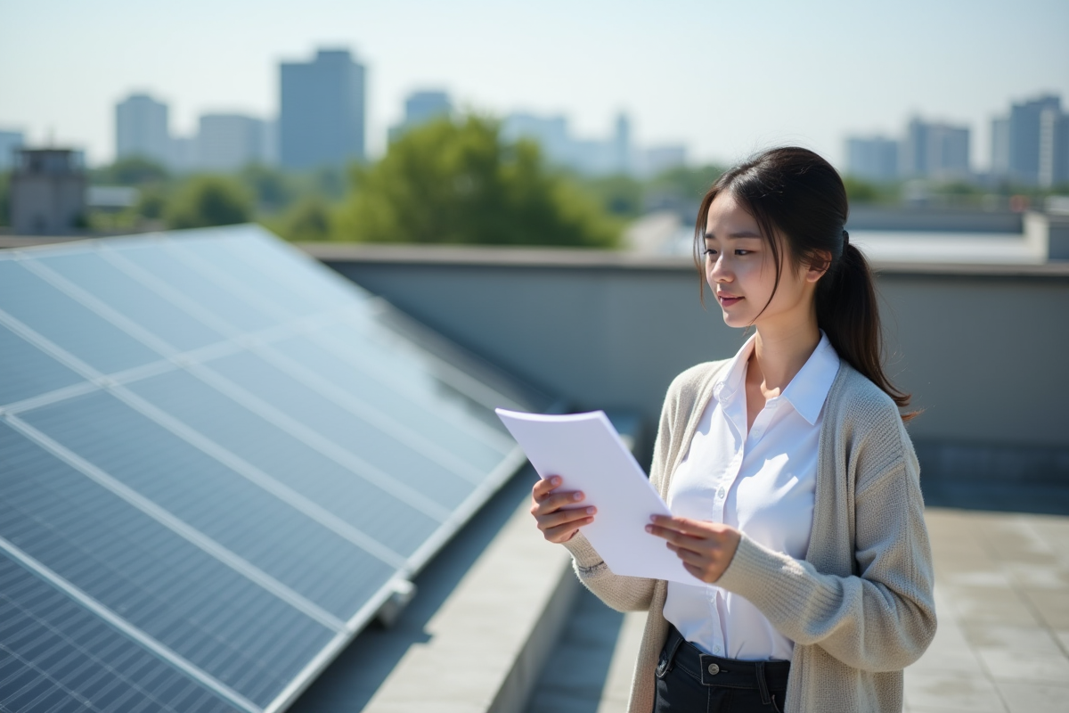 Jeune femme regardant des documents près de panneaux solaires sur un toit