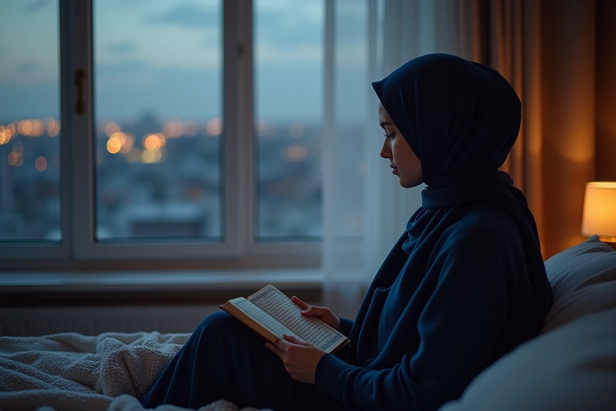 Jeune femme musulmane lisant le Quran près de la fenêtre au crépuscule