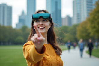Jeune femme avec lunettes AR dans un parc urbain moderne