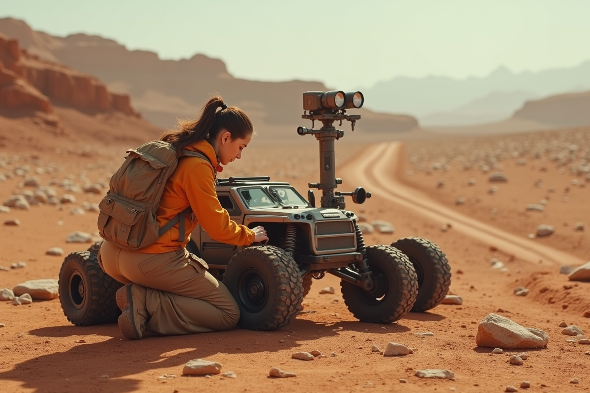 Jeune femme ajustant un rover sur terrain martien