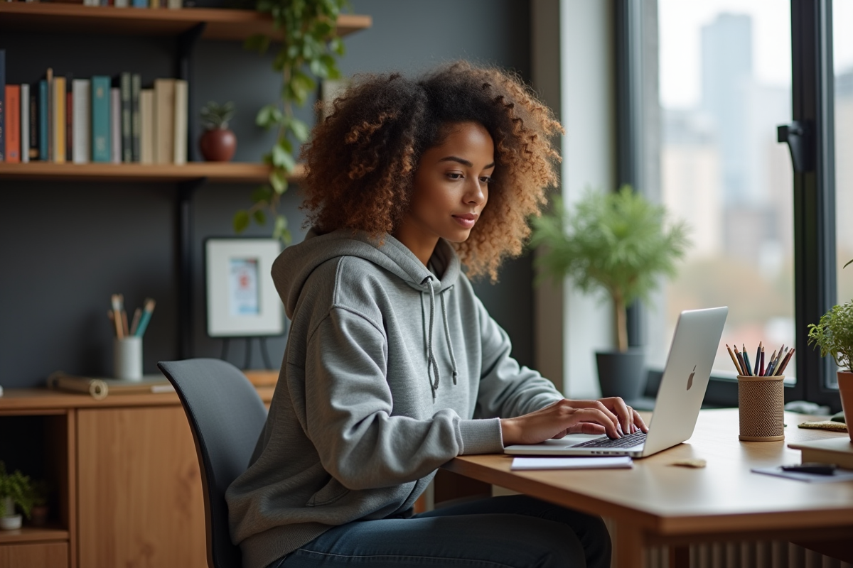 Jeune femme travaillant sur un ordinateur dans un bureau cosy
