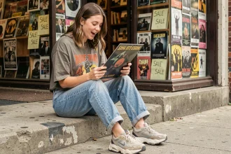 Jeune femme tenant un vinyle devant un magasin de disques indépendant, illustrant la culture musicale entre banger et classique