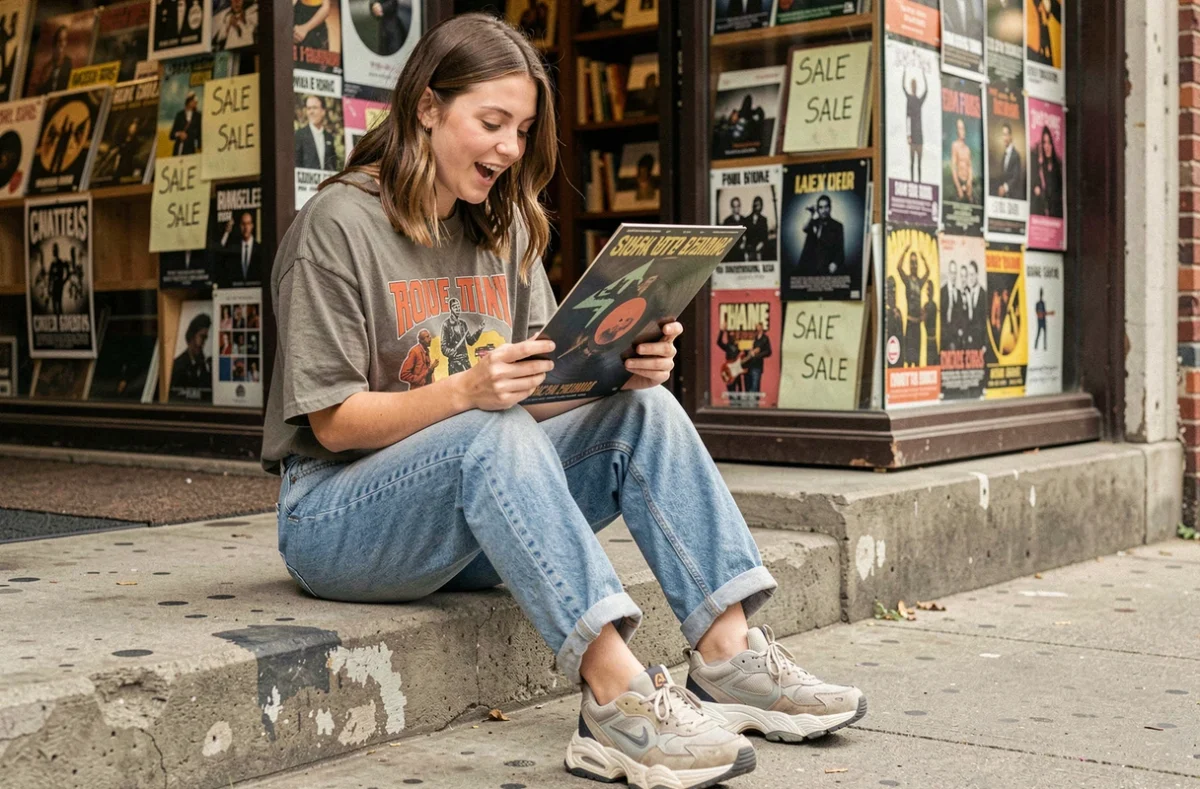 Jeune femme tenant un vinyle devant un magasin de disques indépendant, illustrant la culture musicale entre banger et classique