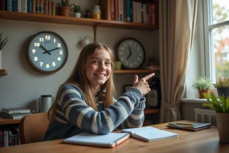 Jeune fille souriante pointant une horloge digitale à la maison