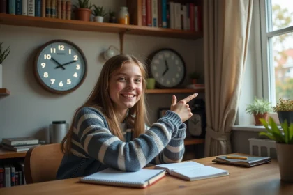Jeune fille souriante pointant une horloge digitale à la maison