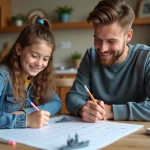 Jeune fille et son père dessinent une grille de bataille navale