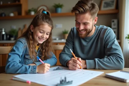 Jeune fille et son père dessinent une grille de bataille navale
