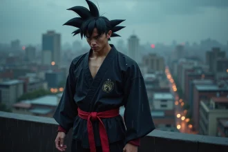 Jeune homme athlétique ressemblant à Black Goku sur un rooftop pluvieux