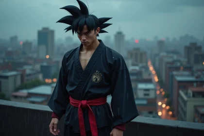 Jeune homme athl&eacute;tique ressemblant &agrave; Black Goku sur un rooftop pluvieux