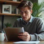 Jeune homme concentré sur une tablette dans un bureau cosy