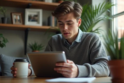 Jeune homme concentré sur une tablette dans un bureau cosy