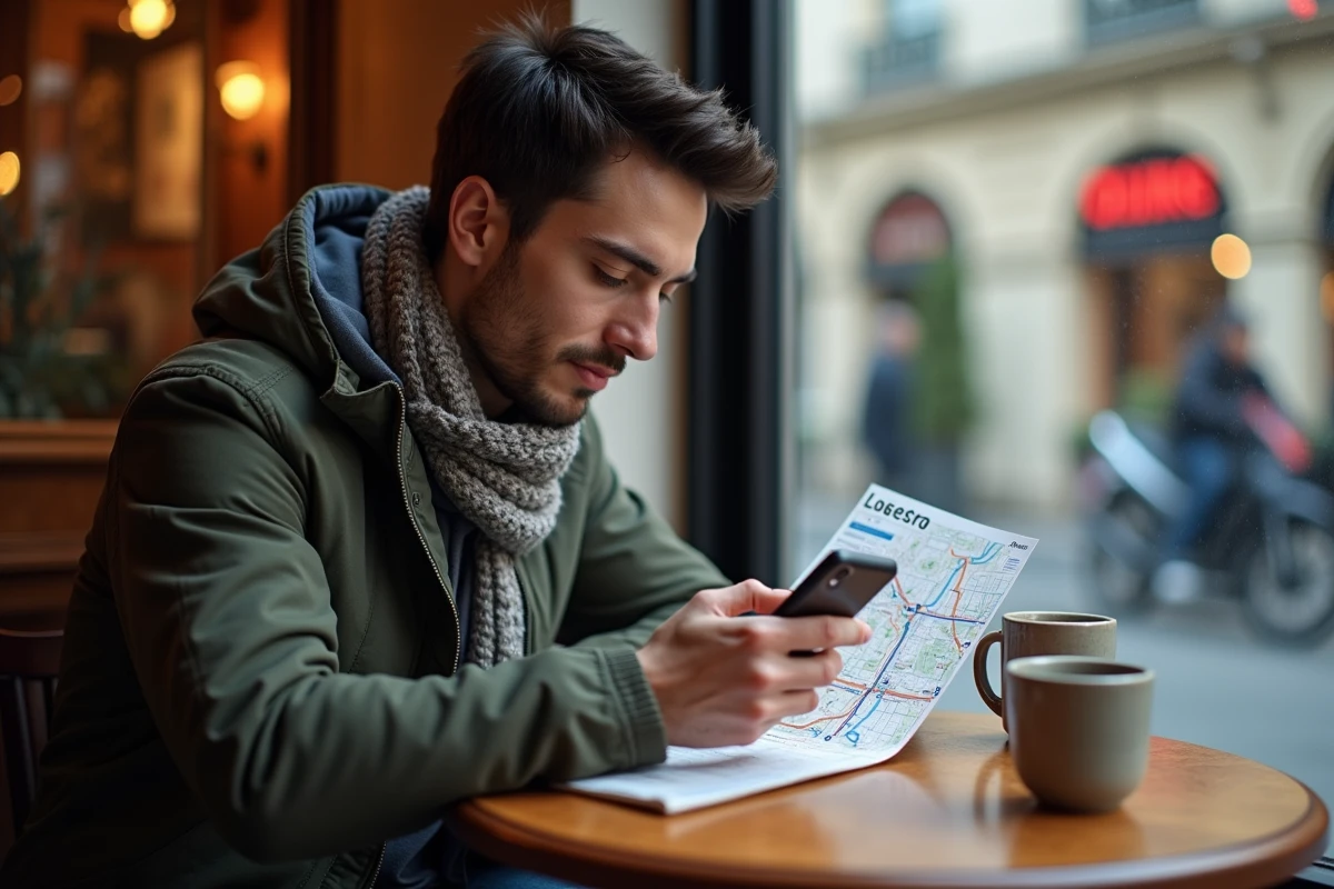 Jeune homme au café étudiant un plan metro sur son smartphone