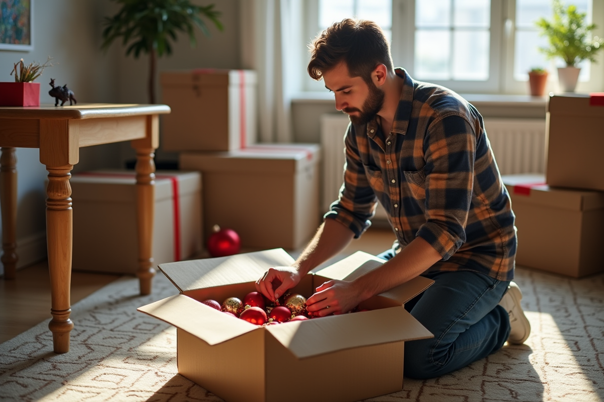 Jeune homme arrangeant des boules de Noël dans une boîte