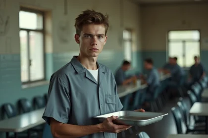 Jeune homme en prison en uniforme gris dans la cafetéria