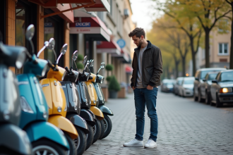 Jeune homme examine des scooters en ville pour l'article
